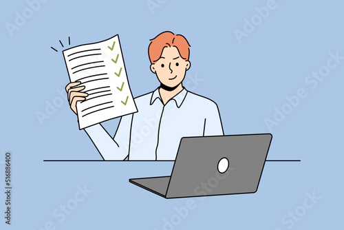 Happy man sitting at desk showing document with all tasks completed. Smiling businessman demonstrate filled form. Success and time management. Vector illustration. 