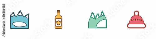 Set Canadian lake, Beer bottle, Mountains and Beanie hat icon. Vector