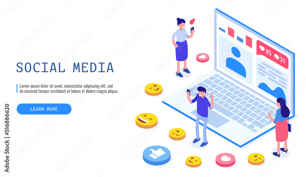 Social media concept, web banner. Group of people using social media on laptop. Vector illustration..