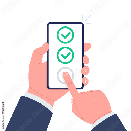 Green check marks on smartphone screen. Hand holds the smartphone and finger touch screen. Vector illustration..