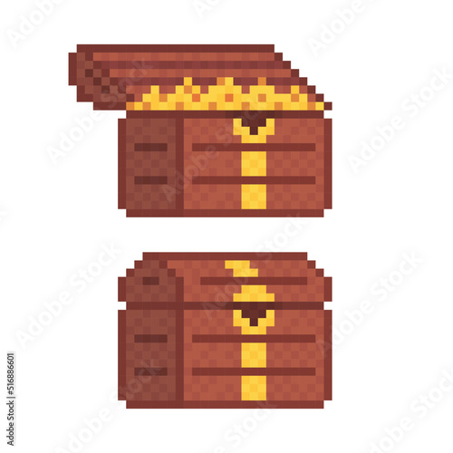 Chest of gold in opened and closed variations on white background. Illustration in pixel art style..