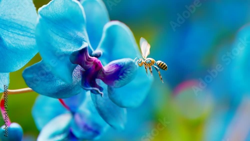 Sophisticated bee robot replacing real animals in the wild. Orchid flower close.