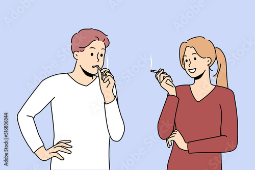Smokers couple talking suffer from nicotine addiction. People with cigarettes smoking outside. Bad habit and healthcare. Vector illustration. 