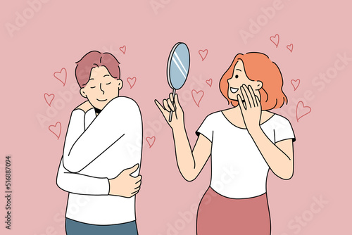 Happy people looking in mirror or hug themselves showing self-love and admiration. Man and woman loving inner beauty. Vector illustration. 