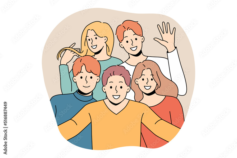 Smiling diverse friends posing for picture together. Happy people have fun feel optimistic enjoy friendship. Unity and diversity. Vector illustration. Smiling diverse friends posing for picture together. Happy people have fun feel optimistic enjoy friendship. Unity and diversity. Vector illustration.
