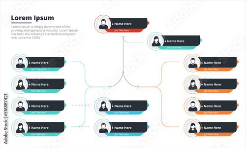 Organisation chart layout! Three category management separation with associates and project lead. Simple background and minimalistic icons of men and women with name and job title space.  