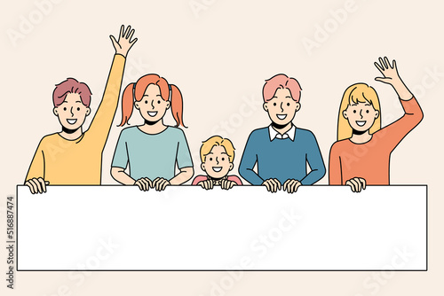 Happy children waving holding big paper banner on demonstration. Smiling kids have active social position go on march or protest. Activist and society. Vector illustration. 
