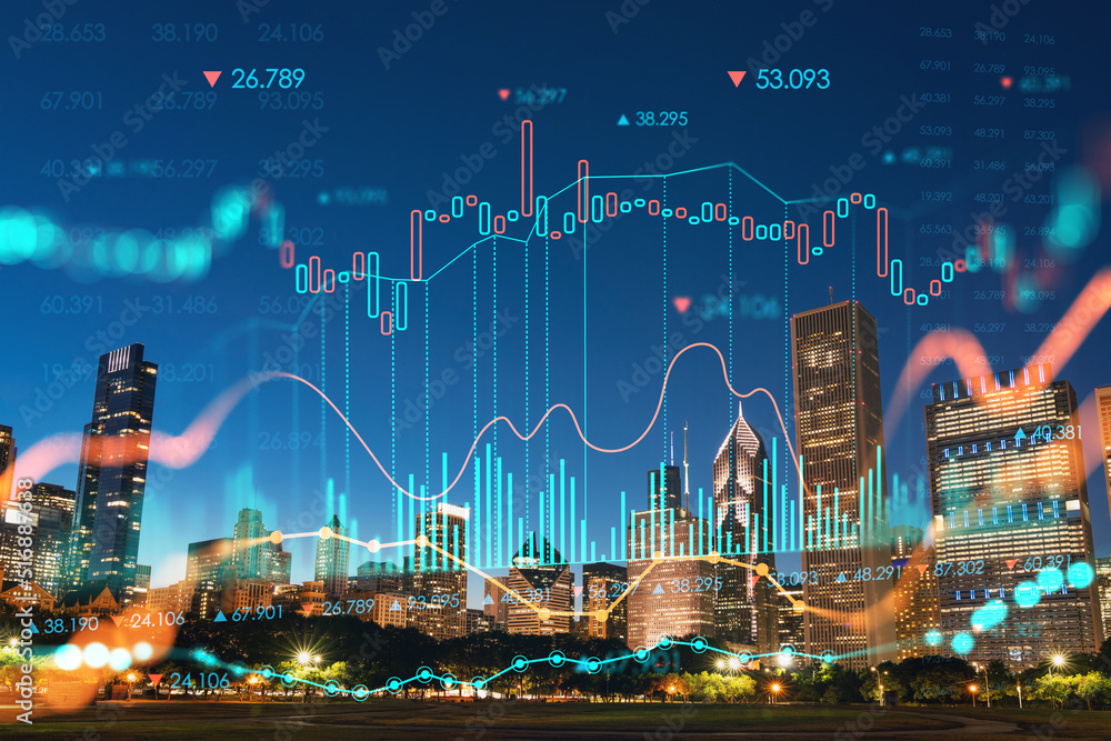 Naklejka premium Chicago skyline from Butler Field to financial district skyscrapers, night time, Illinois, USA. Park, gardens. Forex graph hologram. The concept of internet trading, brokerage and fundamental analysis