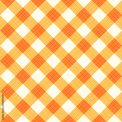 Seamless autumn colors gingham fabric cloth, tablecloth, pattern, swatch, background, or wallpaper with fabric texture visible. Diagonal repeat pattern. Single tile here. 