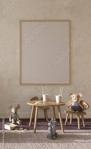 Children room interior scandinavian style. Mock up frame on wall background. Kids farmhouse style 3d rendering illustration.