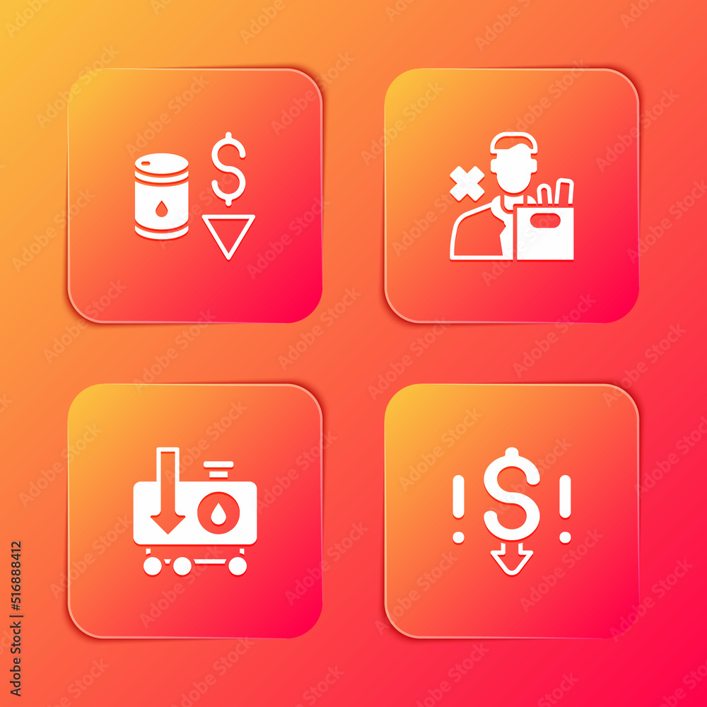 Set Drop in crude oil price, Employee dismissal, and Dollar rate decrease icon. Vector Set Drop in crude oil price, Employee dismissal, and Dollar rate decrease icon. Vector