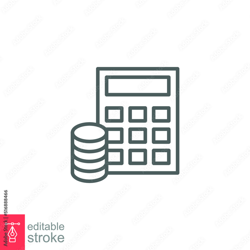 Budget icon. Simple outline style. Money flow account with calculator. Business concept. Vector design illustration isolated. Editable stroke EPS 10. Budget icon. Simple outline style. Money flow account with calculator. Business concept. Vector design illustration isolated. Editable stroke EPS 10.