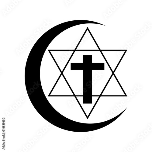 Black christian crucifix cross in jewish star of david six pointed and crescent moon boho flat vector icon design.