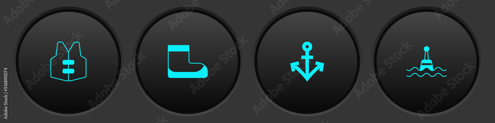 Set Life jacket, Boots, Anchor and Floating buoy icon. Vector Set Life jacket, Boots, Anchor and Floating buoy icon. Vector
