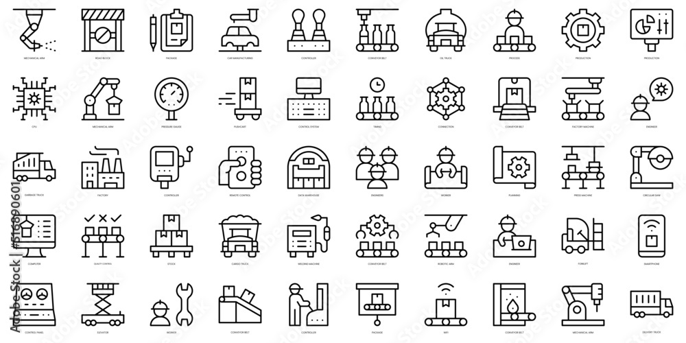 Set of thin line mass production Icons. Vector illustration