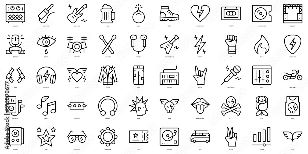 Set of thin line rock and roll Icons. Vector illustration