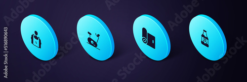 Set Isometric Vitamins, Fitness mat roll, Stationary bicycle and Bodybuilder icon. Vector
