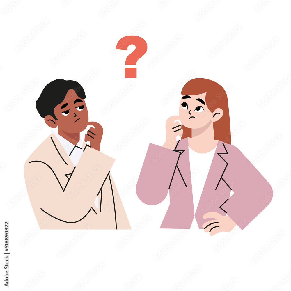 Thinking young men and women. Puzzled and confused people with a question mark. Flat drawn style vector design illustrations. Thinking young men and women. Puzzled and confused people with a question mark. Flat drawn style vector design illustrations.