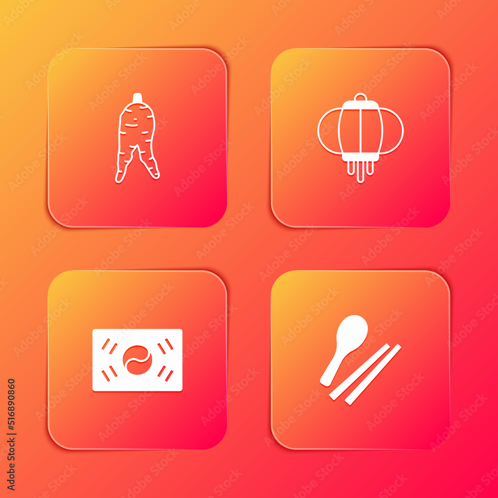 Set Ginseng root, Korean lantern, South flag and Food chopsticks icon. Vector Set Ginseng root, Korean lantern, South flag and Food chopsticks icon. Vector