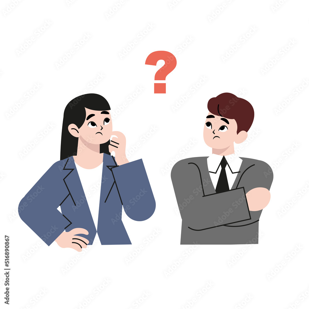 Thinking young men and women. Puzzled and confused people with a question mark. Flat drawn style vector design illustrations. Thinking young men and women. Puzzled and confused people with a question mark. Flat drawn style vector design illustrations.