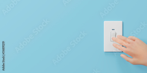 Canvas Print 水色の壁の上のスイッチパネルとスイッチを切る手 / 節電・省エネルギー・電気料金値上げのコンセプトイメージ / 3Dレンダリング
