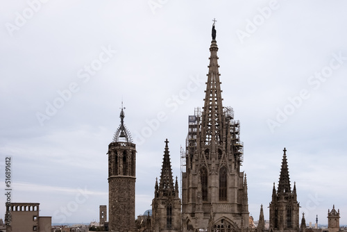 Architectural detail of The Cathedral of the Holy Cross and Saint Eulalia, also known as Barcelona Cathedral, the Gothic cathedral and seat of the Archbishop of Barcelona, Catalonia, Spain