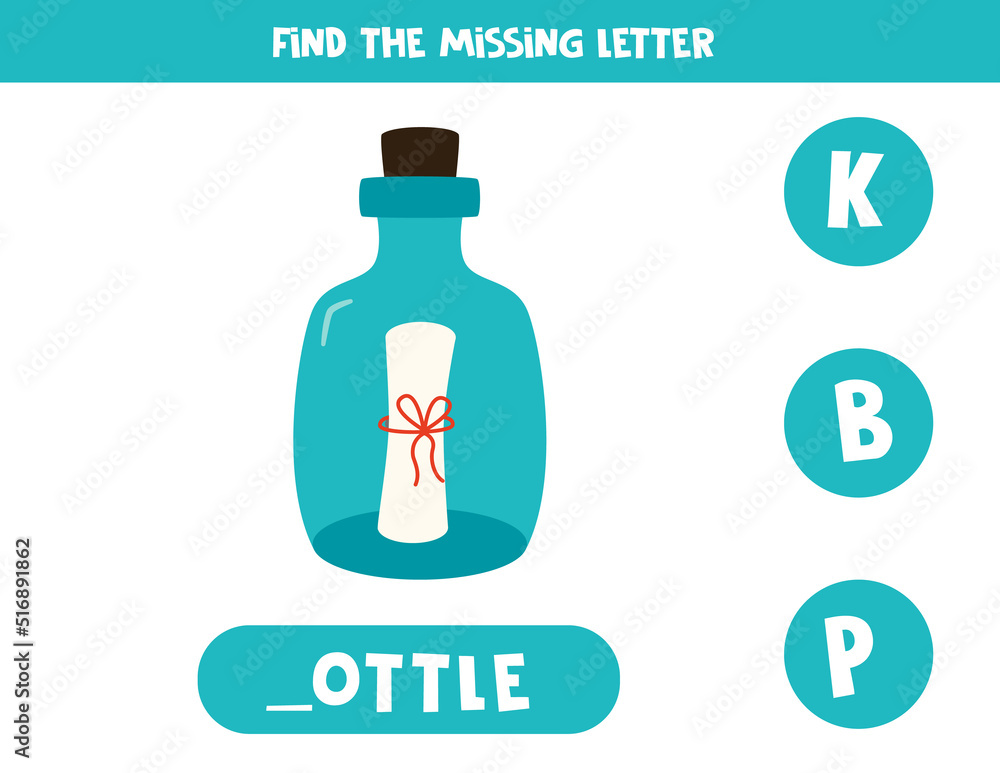 Find missing letter with bottle. Spelling worksheet. Find missing letter with bottle. Spelling worksheet.