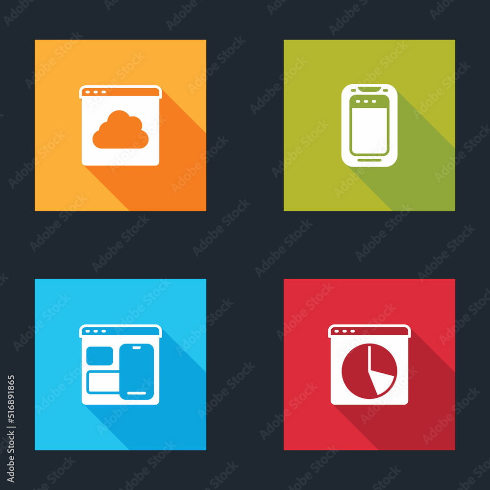 Set Cloud technology data transfer, Mobile phone, Web developer programming code and Graph chart infographic icon. Vector