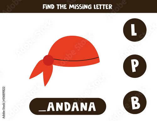 Find missing letter with red pirate bandana. Spelling worksheet.