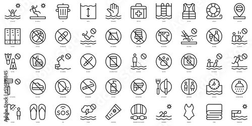 Set of thin line swimming pool rules Icons. Vector illustration