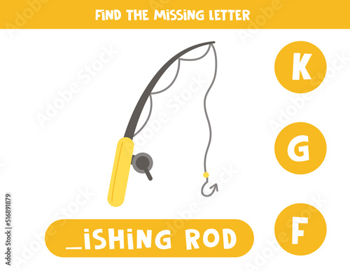 Find missing letter with fishing rod. Spelling worksheet.