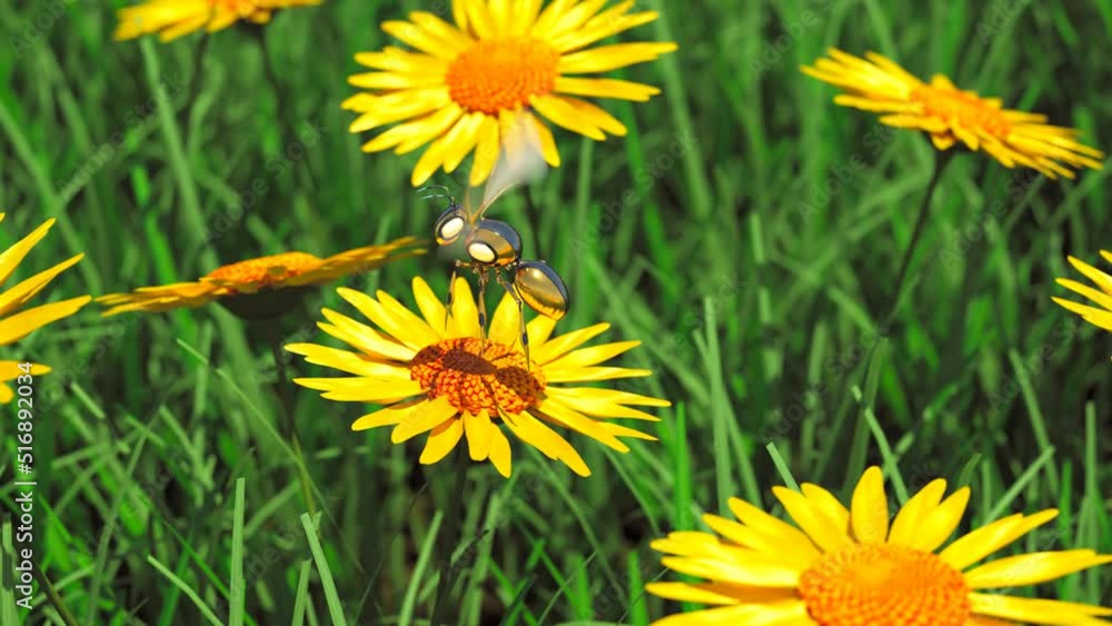 Robot bee flying on the meadow. Smart mechanical insect used in agriculture. 4K Robot bee flying on the meadow. Smart mechanical insect used in agriculture. 4K