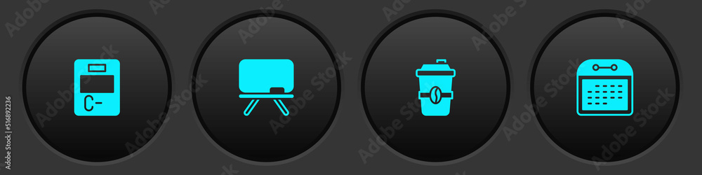 Fototapeta premium Set Exam paper with incorrect answers, Chalkboard, Coffee cup to go and Calendar icon. Vector