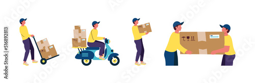 Delivery men, one person with a box, on a scooter with a box, two people deliver a box