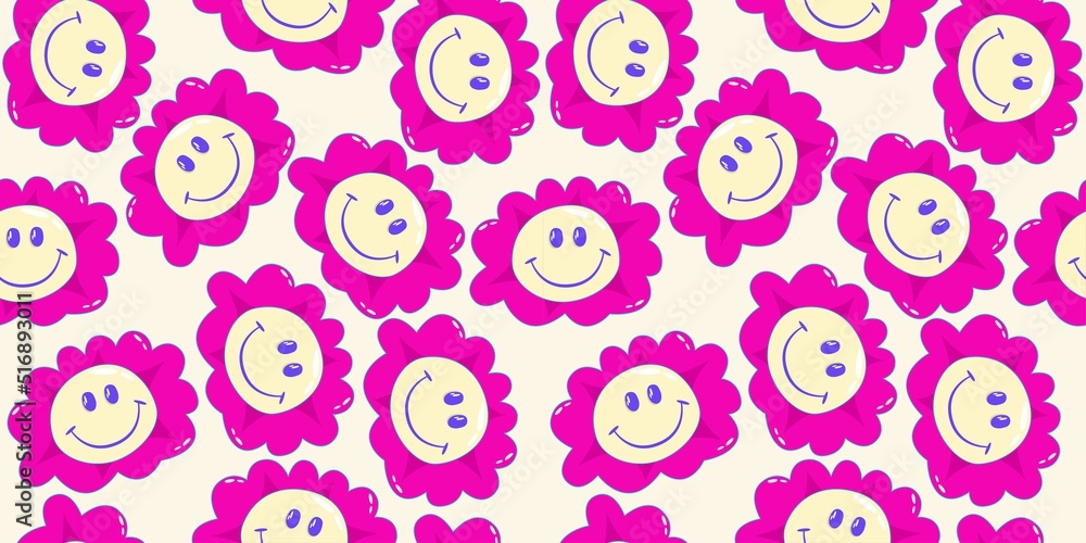 Trippy psychedelic aesthetic y2k seamless pattern. Trippy smile retro pop funny cartoon character. Smiley Happy face. Psychedelic print. Daisy flower pink
