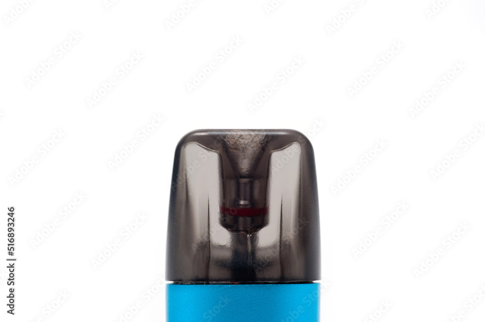 A reusable electronic cigarette with a replaceable cartridge in a blue body, photographed against a white background. A reusable electronic cigarette with a replaceable cartridge in a blue body, photographed against a white background.