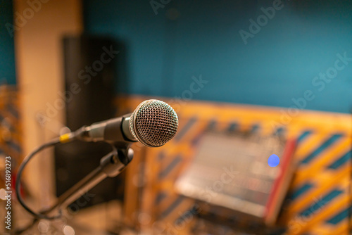 classical vocal microphone in the rehearsal studio close-up. music band rehearsal photo
