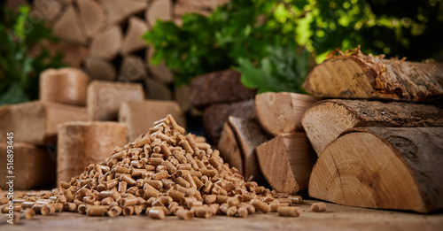 Φωτογραφία Biofuel pellets with cut logs and briquettes in daytime