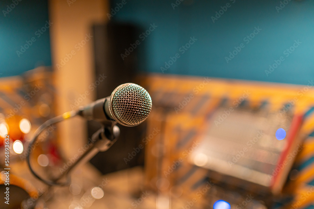 classical vocal microphone in the rehearsal studio close-up. music band rehearsal classical vocal microphone in the rehearsal studio close-up. music band rehearsal