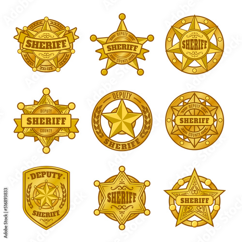 Sheriff badges. Police department emblem, golden badge with star of official representative of law. Symbols vector set