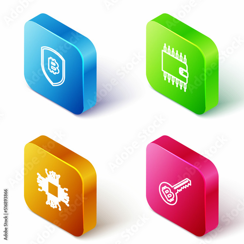 Set Isometric line Shield with bitcoin, Cryptocurrency wallet, Processor and key icon. Vector