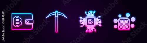 Set line Cryptocurrency wallet, Pickaxe, CPU mining farm and ASIC Miner. Glowing neon icon. Vector
