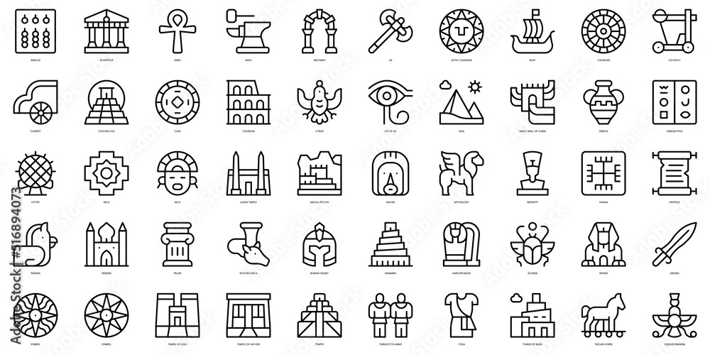 Set of thin line ancient civilization Icons. Vector illustration - obrazy, fototapety, plakaty 