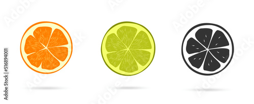 Citrus orange and lime fruit half slice vector icon isolated flat graphic cartoon illustration, black and white grapefruit pictogram simple shape silhouette clipart image set