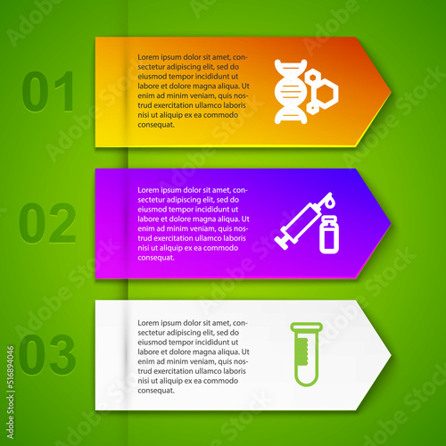 Set line Genetic engineering, Medical syringe and vial, Test tube or flask and Medicine bottle. Business infographic template. Vector