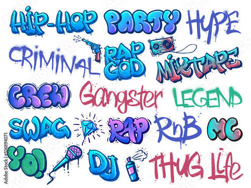Rap graffiti. Hip-hop legend, RnB party and gangster crew street art calligraphy tags with grunge paint texture vector set