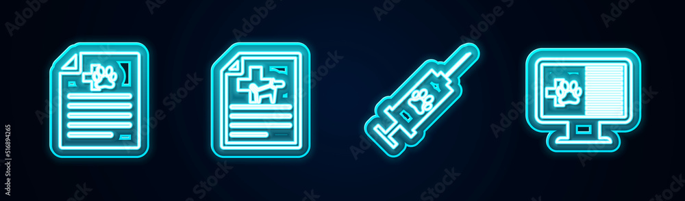 Set line Medical certificate for dog or cat, , Syringe with pet vaccine and Clinical record on monitor. Glowing neon icon. Vector Set line Medical certificate for dog or cat, , Syringe with pet vaccine and Clinical record on monitor. Glowing neon icon. Vector