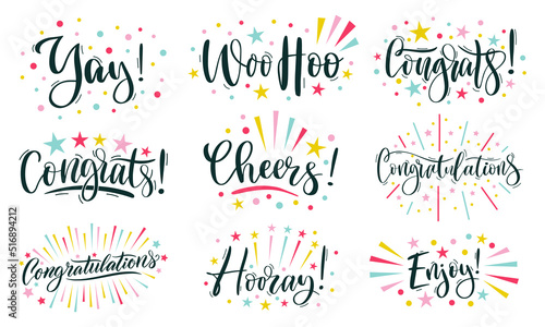 Joyful lettering. Congratulations text, cheers and hooray calligraphic inscription. Congrats, enjoy and woo hoo template with rays and sparkles vector set photo