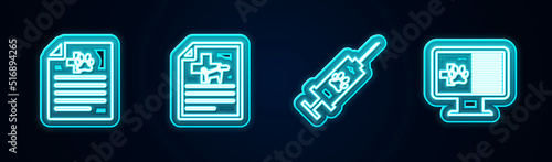 Set line Medical certificate for dog or cat, , Syringe with pet vaccine and Clinical record on monitor. Glowing neon icon. Vector