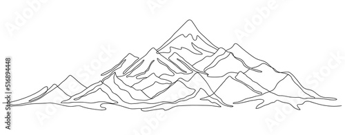 One line mountains landscape. Panoramic mountain range with snowy peak continuous outline vector illustration